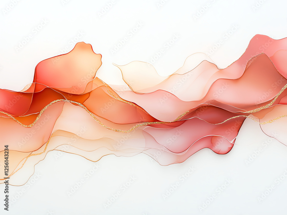 Poster elegant abstract art featuring flowing waves in warm hues of red and orange, accented with delicate 