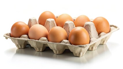 Eight Brown Eggs in Cardboard Carton on White Background