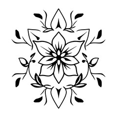 Black-and-white symmetrical floral mandala with a minimal, stylized illustration, clean.
