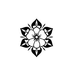 Symmetrical monochrome floral pattern composed of petals and leaves, minimalist composition.