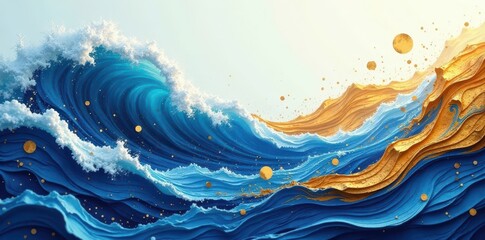 Abstract ocean wave art a swirling symphony of blue and gold hues, embellished with scattered metallic orbs, creating a dynamic and luxurious visual experience.