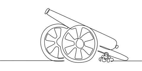 Continuous One line drawing of Cannon. Ancient military defense symbol with basic barrel and wheel details.