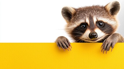 Playful Raccoon Peeking Over Yellow Sign