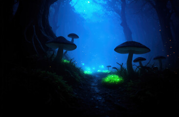 Surreal Bioluminescent Alien Forest with Glowing Mushrooms and Mystical Atmosphere