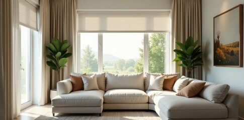 Fototapeta premium Modern Sectional Sofa in Bright Living Room with Large Windows and Natural Light Featuring Neutral Color Palette and Lush Greenery