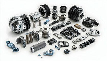 Array of auto car spare parts in 3D illustration, isolated on white background ideal for automotive