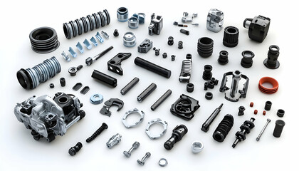 Array of auto car spare parts in 3D illustration, isolated on white background ideal for automotive