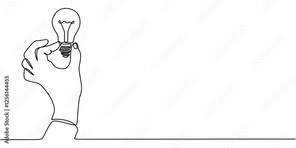 Wall mural continuous line drawing of hand holding a light bulb. representing idea and innovation.
