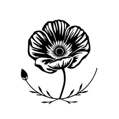 Black and White Silhouette of a Poppy Flower Showing Details, Stem, Bud and Leaves.
