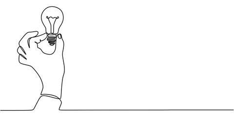 Continuous line drawing of Hand holding a light bulb. Representing idea and innovation.