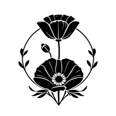 Fototapeta premium Black and white minimalist vector illustration of a poppy flower bouquet within a circular frame, highlighting a stylized silhouette.
