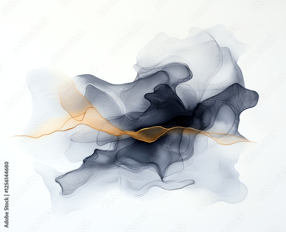 Poster ethereal black and gray watercolor abstract art with gold accents, creating fluid and dynamic compos