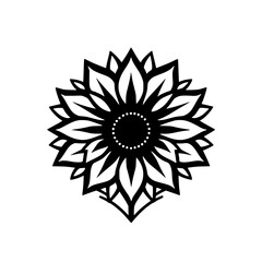 Black and White Sunflower Illustration with Petal Details and a Central Dot Circle.