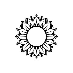 A symmetrical, clean, black and white graphic design of a sunflower, set against a white background.