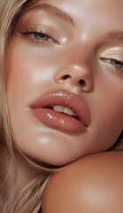 Portrait of young and beautiful woman with perfect smooth skin and plumped lips. Angelic beauty, flawless face. Tenderness and sensuality. Generative AI.