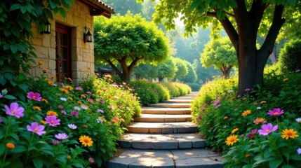 Serene Stone Steps Winding Through a Vibrant, Sunlit Garden Featuring Lush Greenery and Colorful Blossoms Near a Charming Stone House