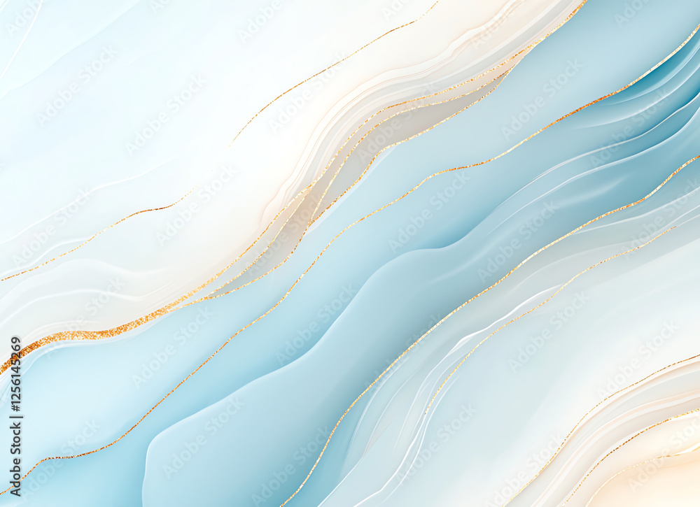 Poster elegant blue and white abstract marble texture with golden veins, showcasing smooth flowing lines an