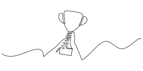 Trophy held by many hands. Teamwork symbol. One line drawing.