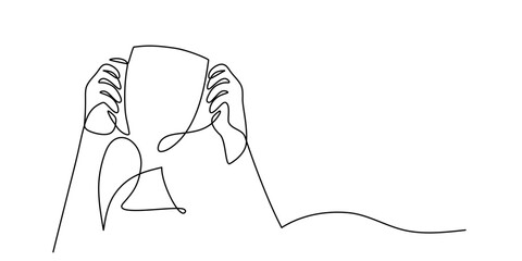 Trophy held by many hands. Unity symbol. One line drawing.