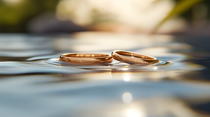 Two elegant gold wedding rings floating in water on a smooth surface with soft reflections and ripples