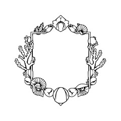 Decorative Frame Featuring Seashells, Coral and Marine Elements in Black and White on White Background.