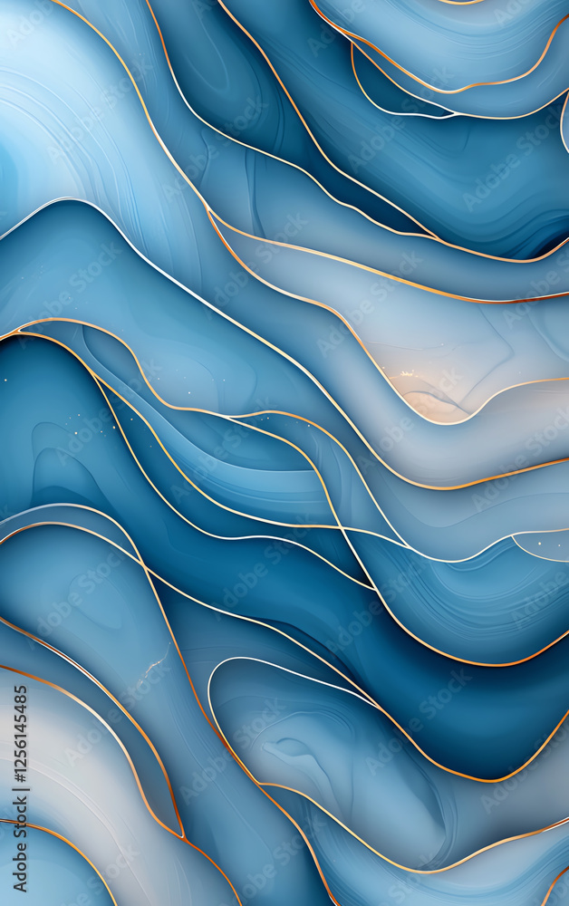 Poster abstract fluid art background featuring flowing blue waves with golden accents, creating serene and 