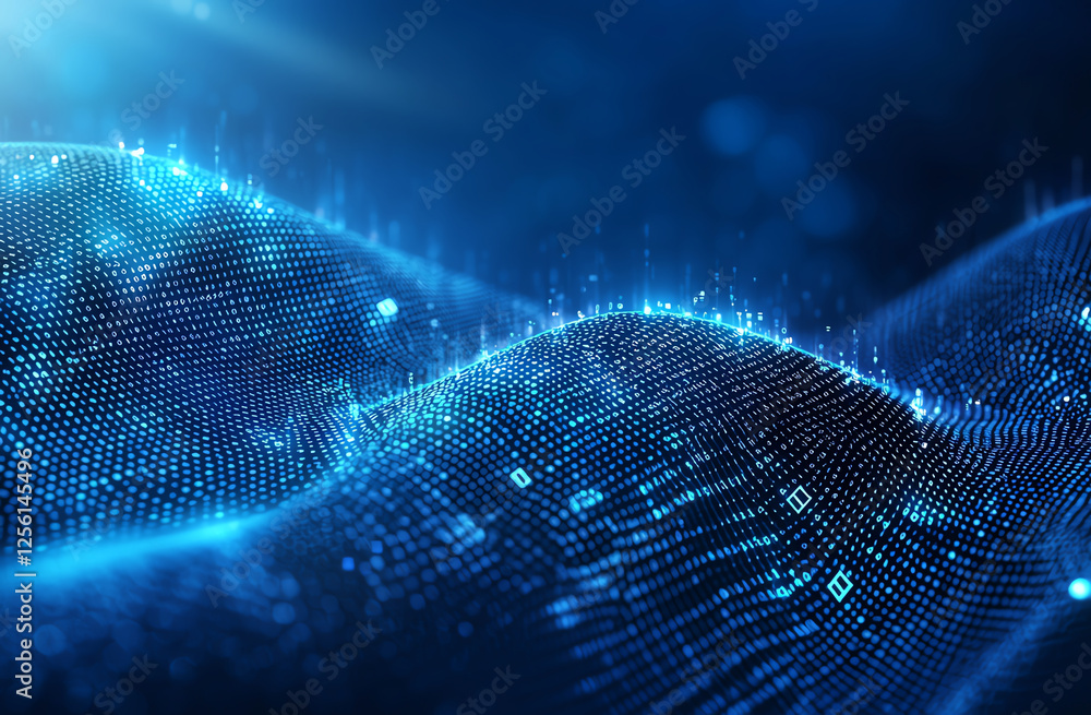 Poster digital landscape with glowing blue waves and binary code elements, creating futuristic and technolo