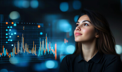 business woman gazes thoughtfully at digital screen displaying data visualizations, reflecting her analytical mindset and ambition