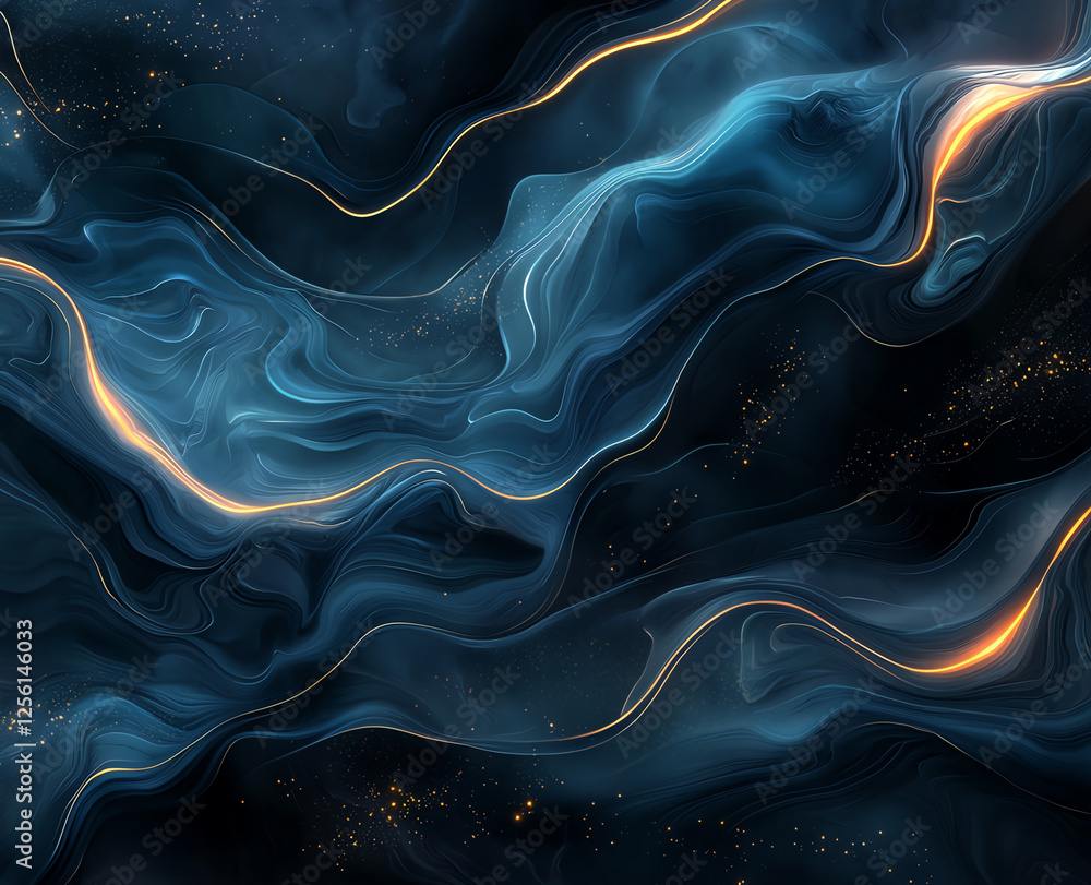 Poster dark blue and black abstract background with flowing golden threads, creating mesmerizing and dynami