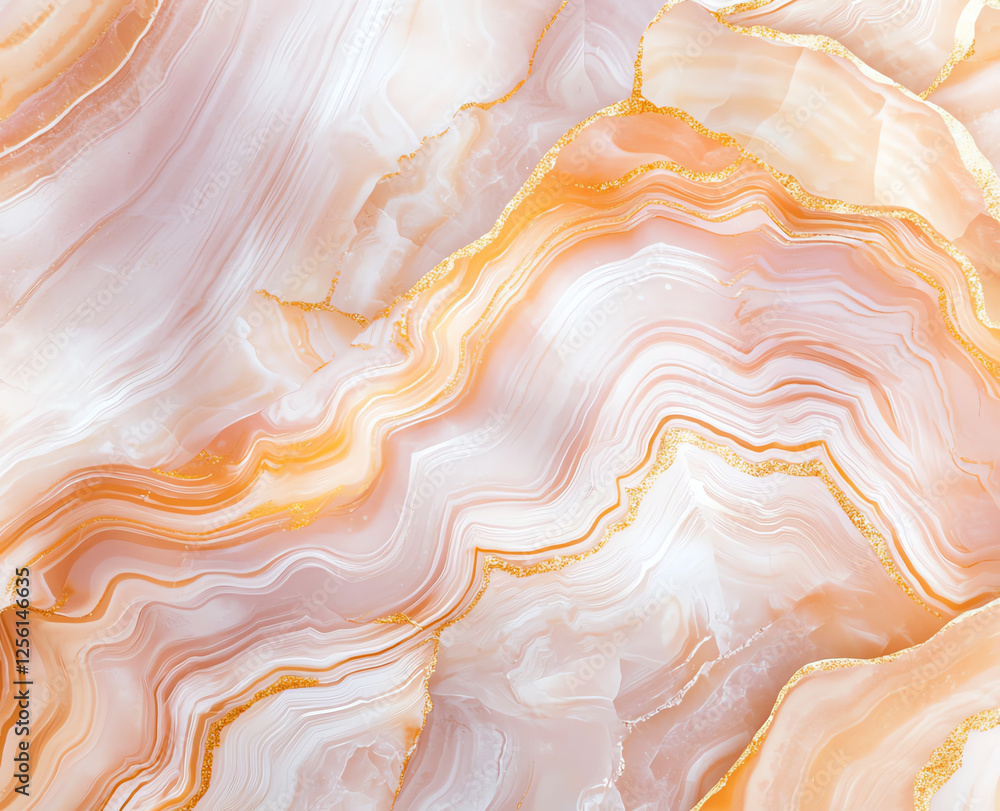 Poster elegant colorful marble pattern with swirling lines and golden accents, showcasing soft peach and cr