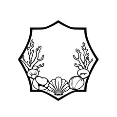 Serene Underwater Scene Framed Border: Black & White Outline, Seashells, Coral.