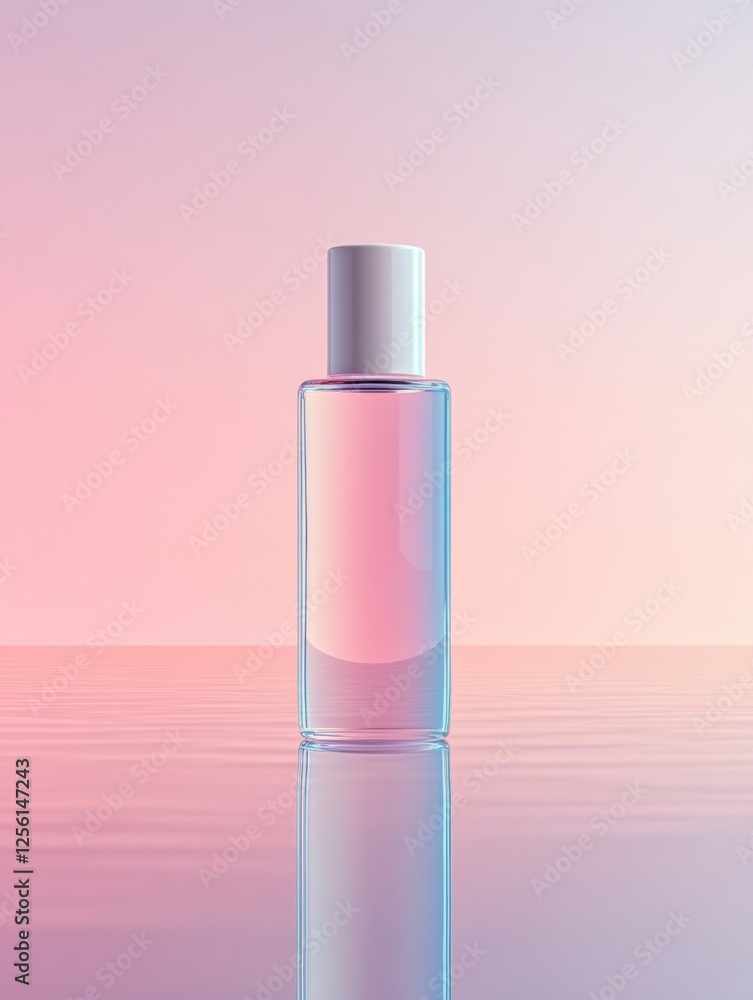 Poster sleek cosmetic bottle on a reflective surface with clean pastel toned background and blank area for 