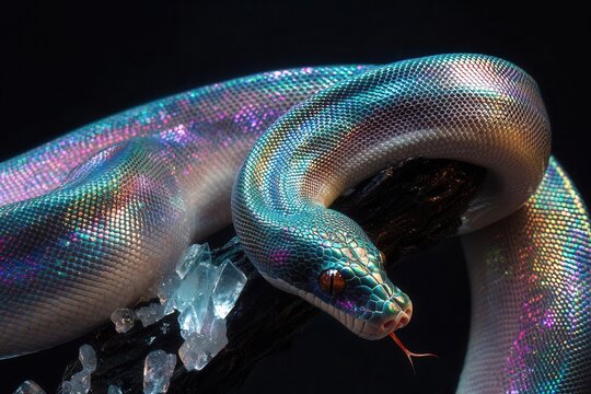 emerald tree python wrapped around crystalline branch, scales shimmering with iridescent colors, dramatic studio lighting on black background