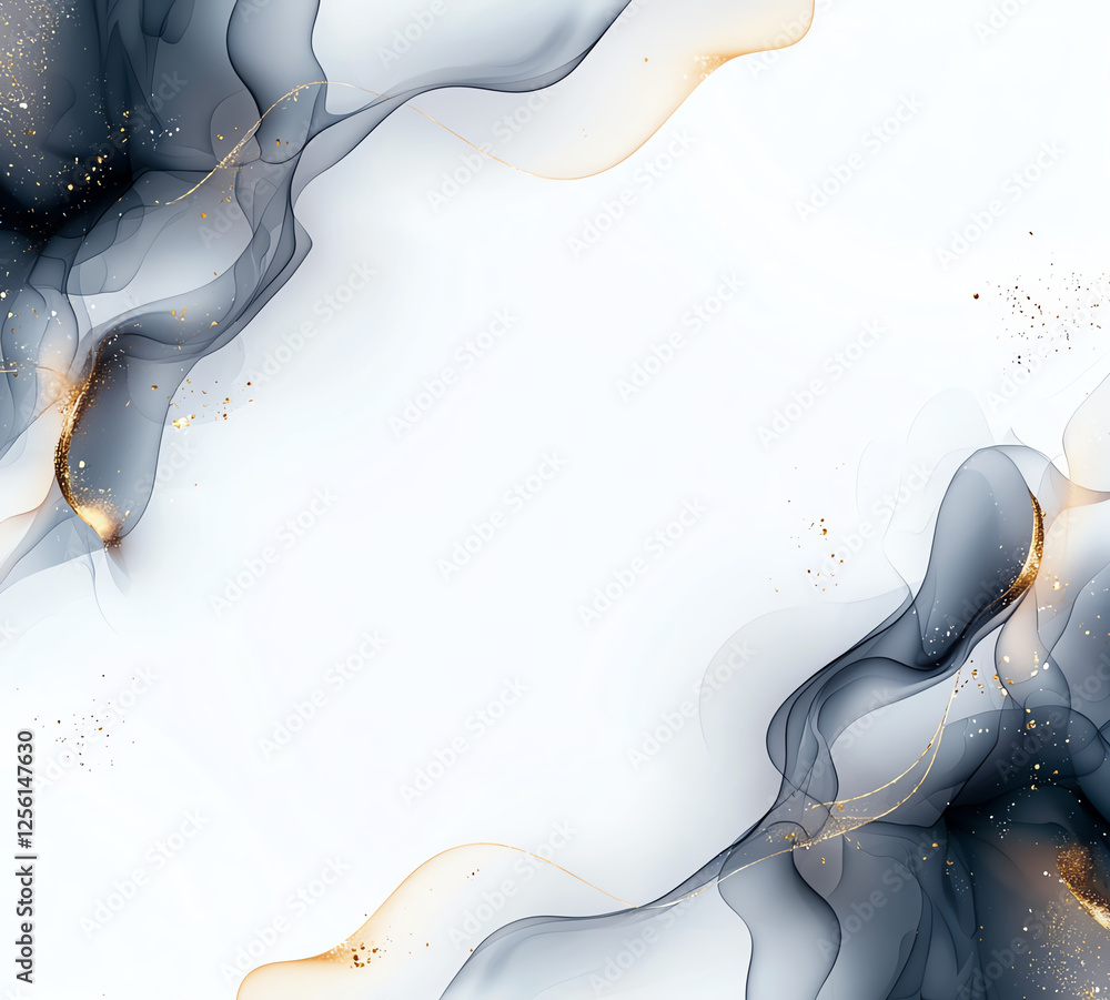 Poster luxurious background design featuring flowing abstract shapes in gray and gold tones, perfect for el