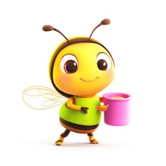 Obraz premium Cartoon bee holding honey pot, cheerful, simple design, use in children's media