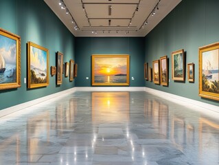 Serene Sunset: Maritime Paintings in a Polished Gallery