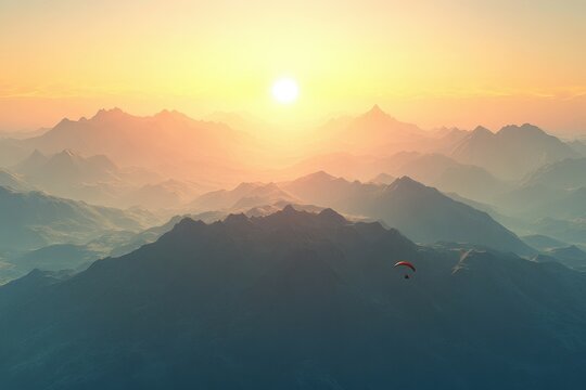 Sunset over mountains with a soaring paraglider in the sky