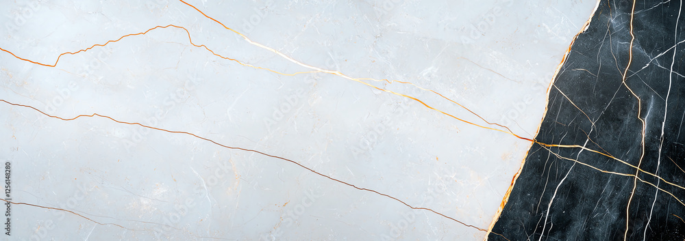 Poster marble texture featuring black and white color scheme with golden veins, creating striking contrast.
