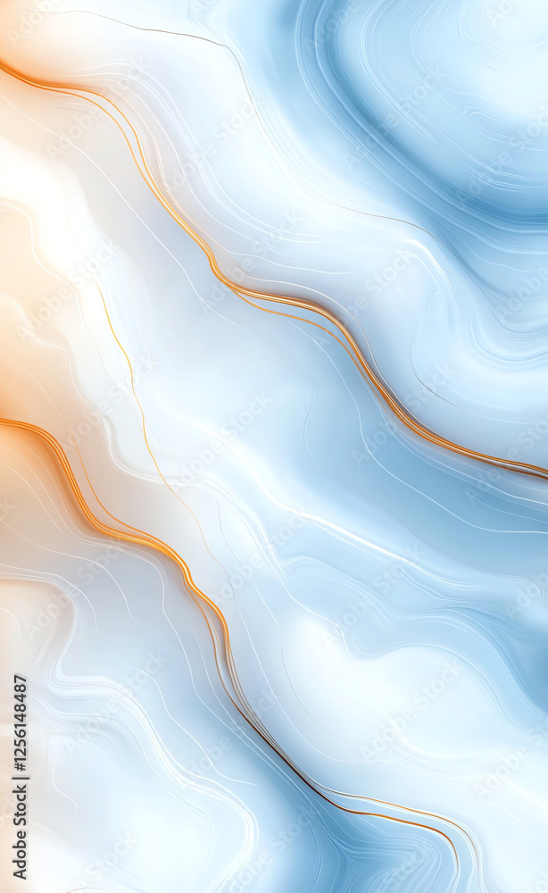 Poster smooth abstract background featuring light blue and white waves with golden lines, creating serene a