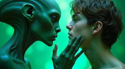 A human and an alien share an intense, intimate moment in a glowing green environment, symbolizing connection, understanding, and interspecies communication