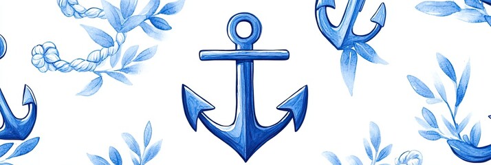 Classic anchors and ropes pattern with vintage maritime symbols in blue and white creates a seamless nautical background for various design projects