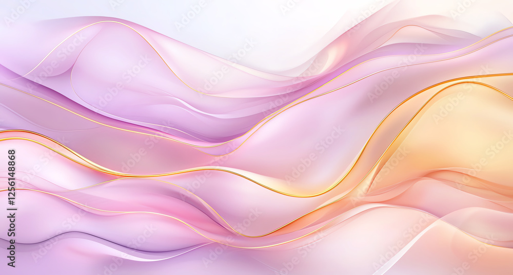 Poster soft abstract background featuring flowing waves in peach and pink hues with golden accents, creatin