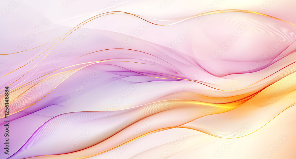 Poster soft abstract background with flowing waves in peach, pink, and gold hues, creating serene and elega