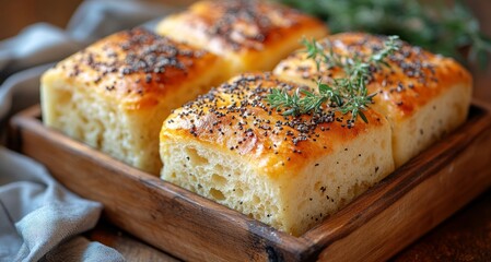 Four golden-brown poppy seed rolls in a wooden box, garnished with fresh thyme sprigs.