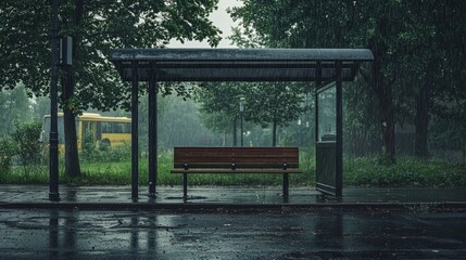 Obraz premium Rainy Day at Bus Stop with Empty Bench and Wet Pavement
