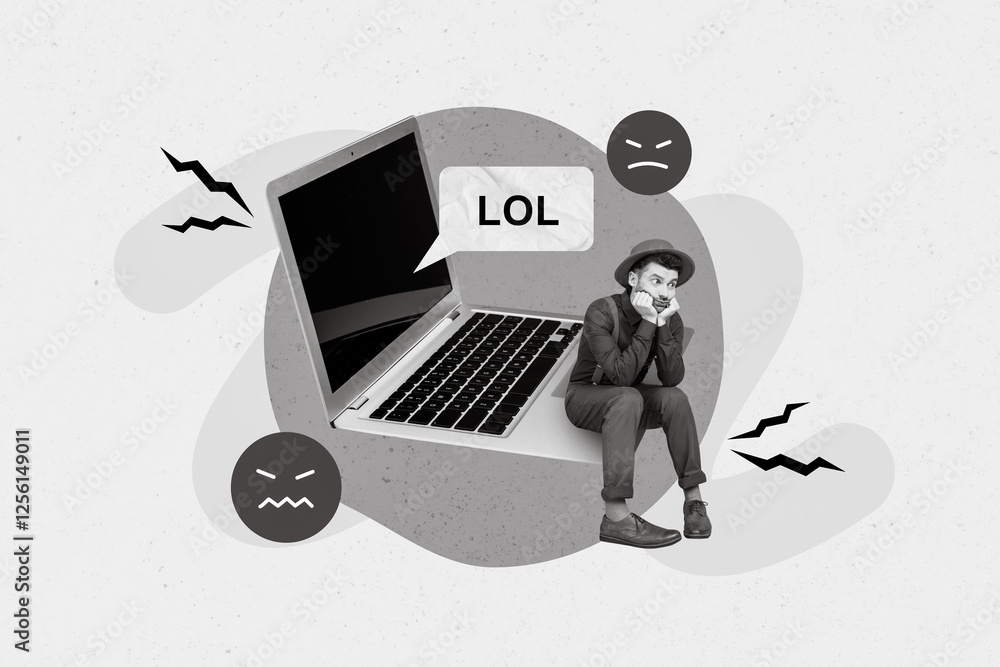 Aufkleber creative photo 3d collage artwork postcard poster of moody frowning man sit netbook bad mood failure