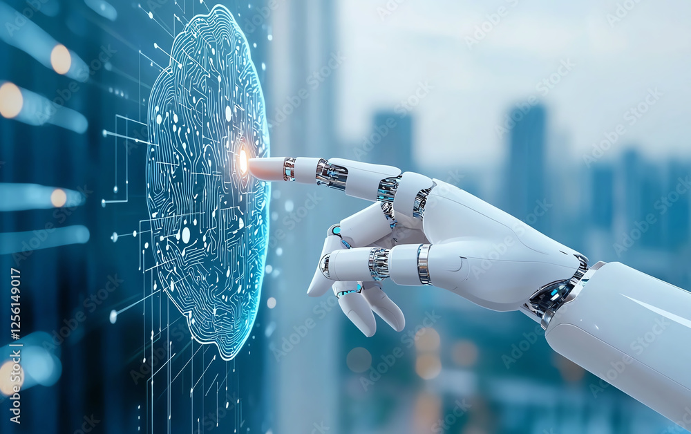 Poster robotic hand interacts with digital brain interface, symbolizing technology and innovation. scene co