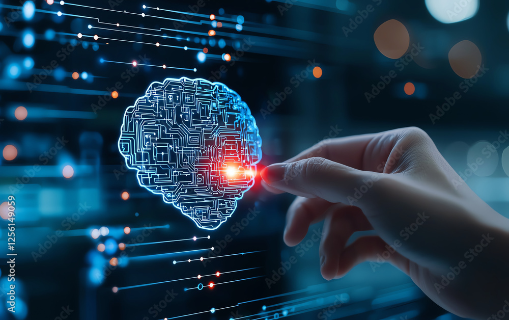 Poster human hand interacts with digital brain, symbolizing technology and innovation. intricate circuitry 