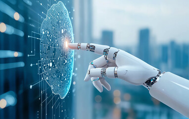 robotic hand interacts with digital brain interface, symbolizing technology and innovation. scene conveys sense of connection between humans and machines