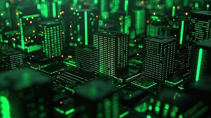 Fototapeta premium Futuristic Smart City with Glowing Green Energy Grids at Night
